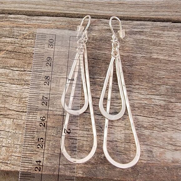 Sterling Two Tier Hammered Dangle Drop Hoop Earrings - Picture 5 of 6